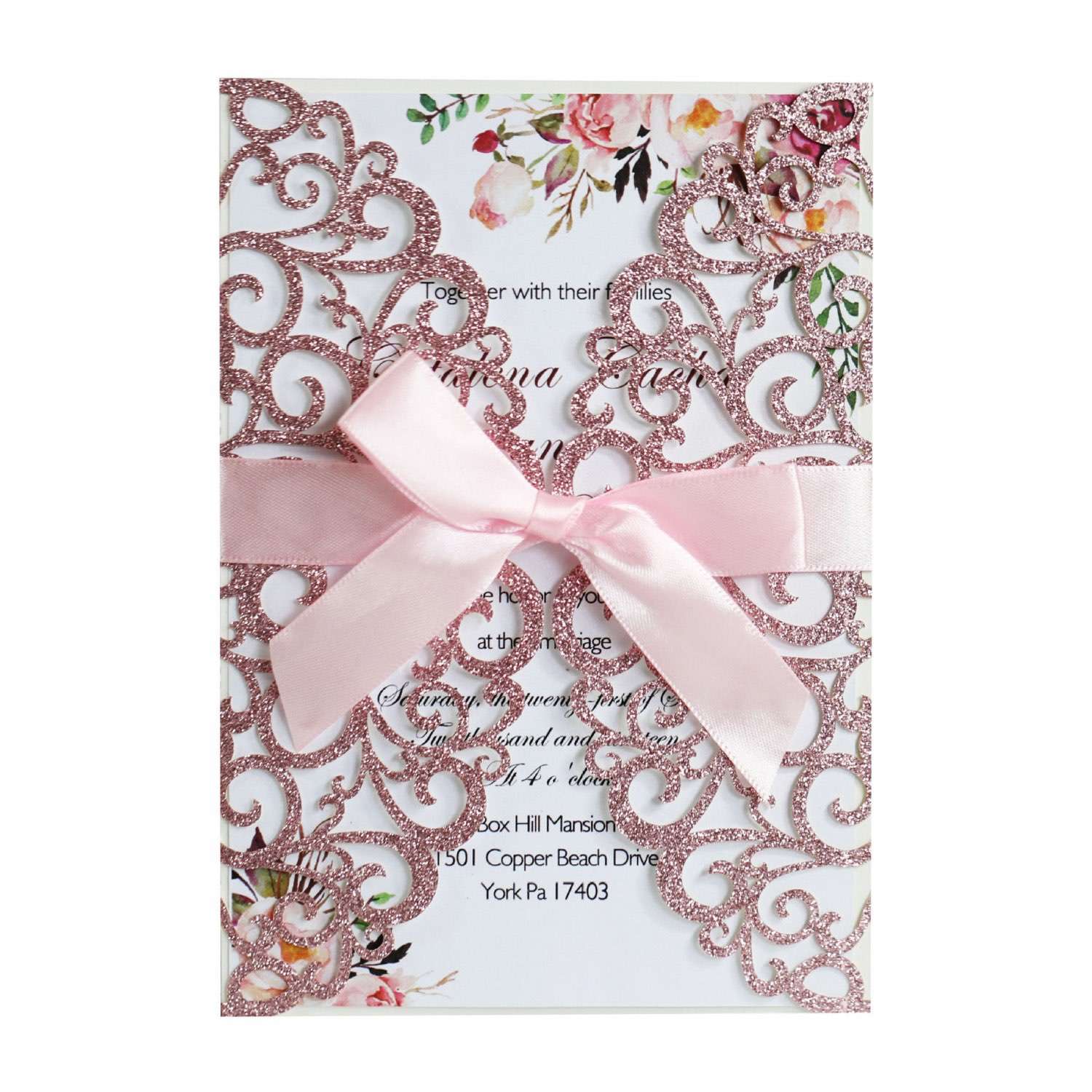 Glitter Invitation Card With Ribbon Bow Laser Cut Greeting Card European Style Invitation Card